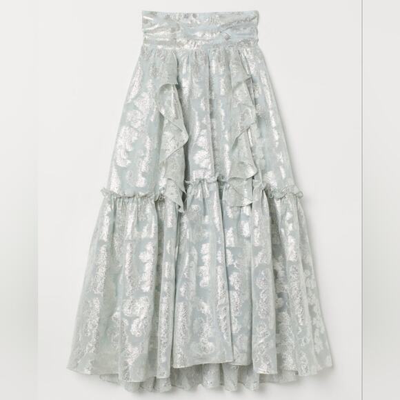 H&M Conscious Exclusive Collection Flounced Skirt Silver Maxi Blogger Size 4 - Picture 4 of 12